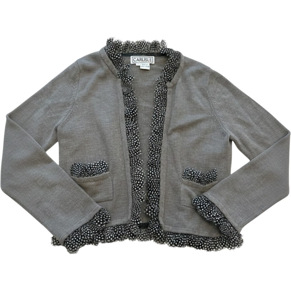 Carlisle Wool Cashmere Cardigan Grey Guinea Hen Feather Trim Polka Dot XL